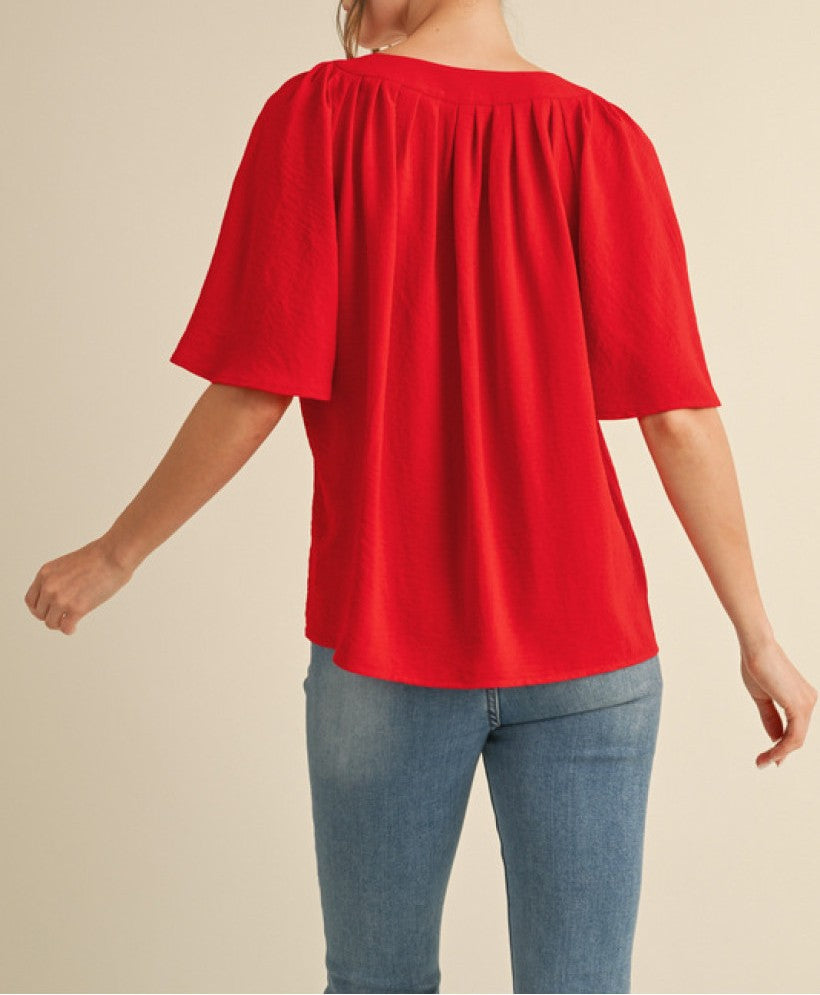 RED SLIT NECK HALF CAPE SLEEVE FLOWY BLOUSE