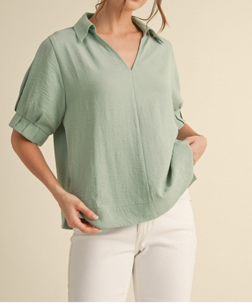 ALOE GREEN OPEN COLLAR VNECK BANDED CUFF TOP