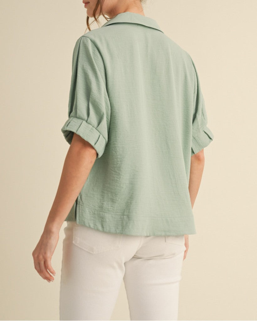 ALOE GREEN OPEN COLLAR VNECK BANDED CUFF TOP