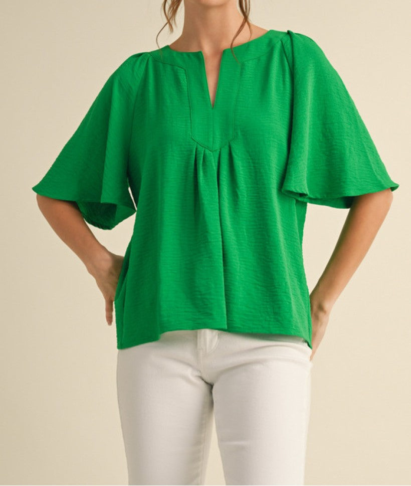 KELLY GREEN SLIT NECK HALF CAPE SLEEVE FLOWY BLOUSE