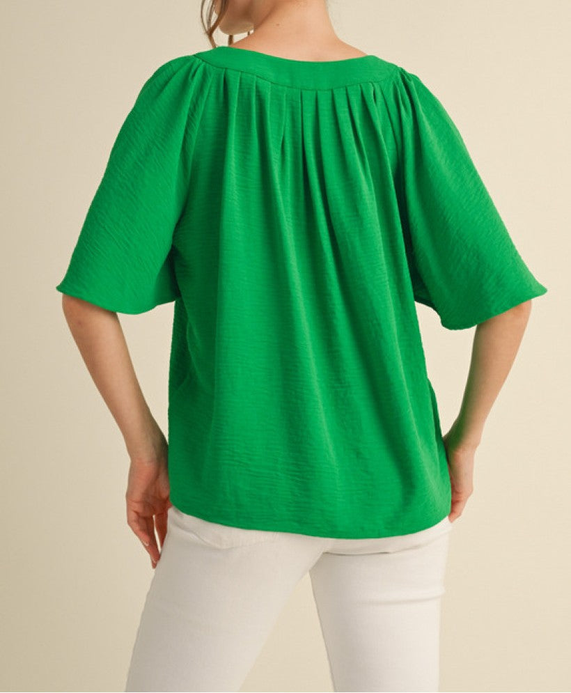 KELLY GREEN SLIT NECK HALF CAPE SLEEVE FLOWY BLOUSE