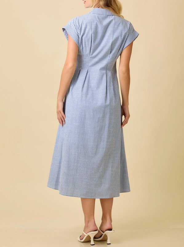 BLUE STRIPE BUTTON UP FRONT PLEATED SHIRT MIDI DRESS