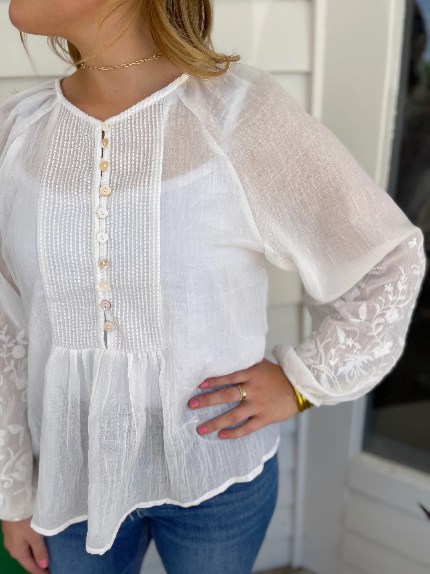 WHITE EMBROIDERY DETAIL LONG SLEEVE BLOUSE