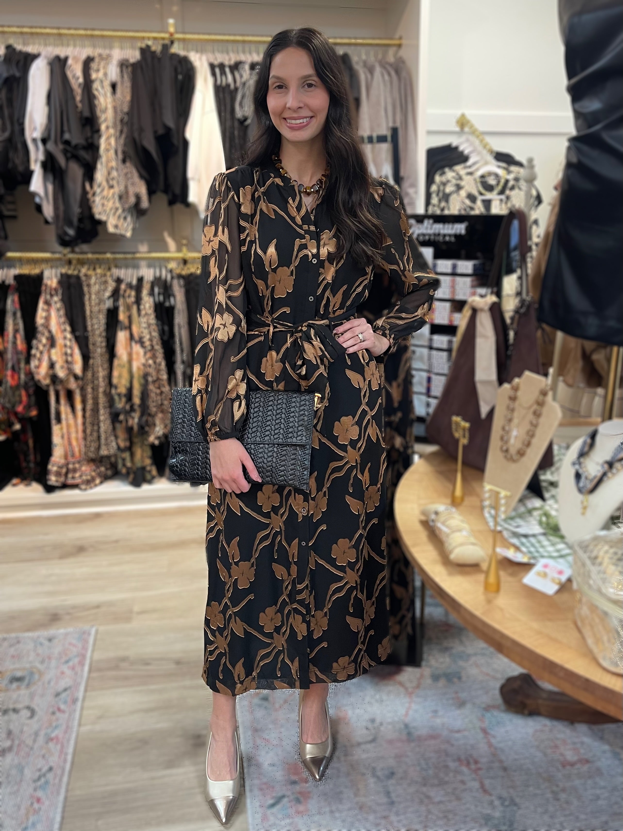 BLACK GOLD FLORAL JACQUARD SHEER LONG SLEEVE TIE WAIST BUTTON UP MIDI DRESS