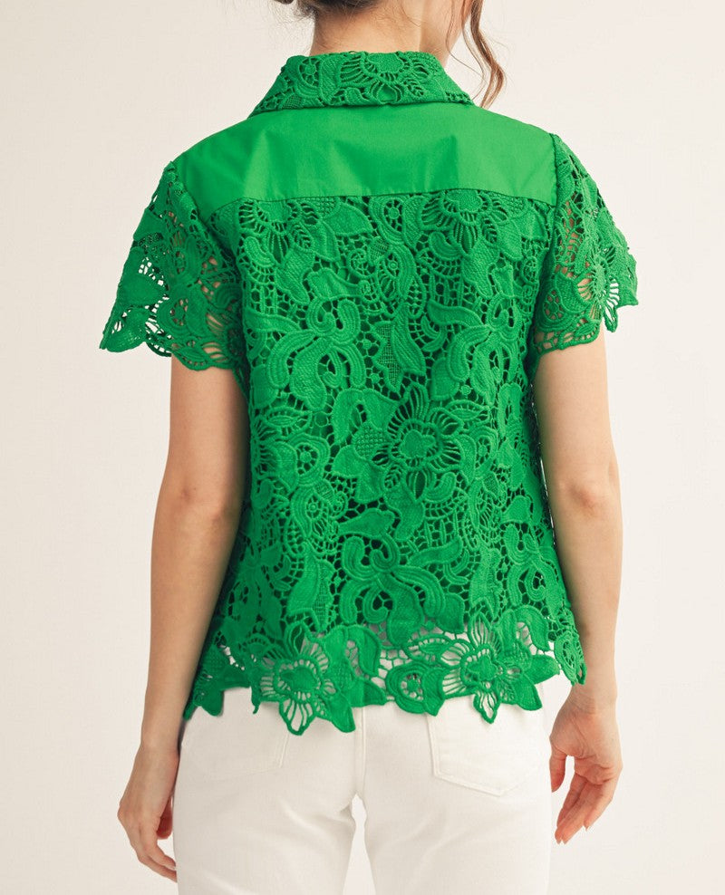 KELLY GREEN FLORAL LACE DETAIL SHORT SLEEVE TOP