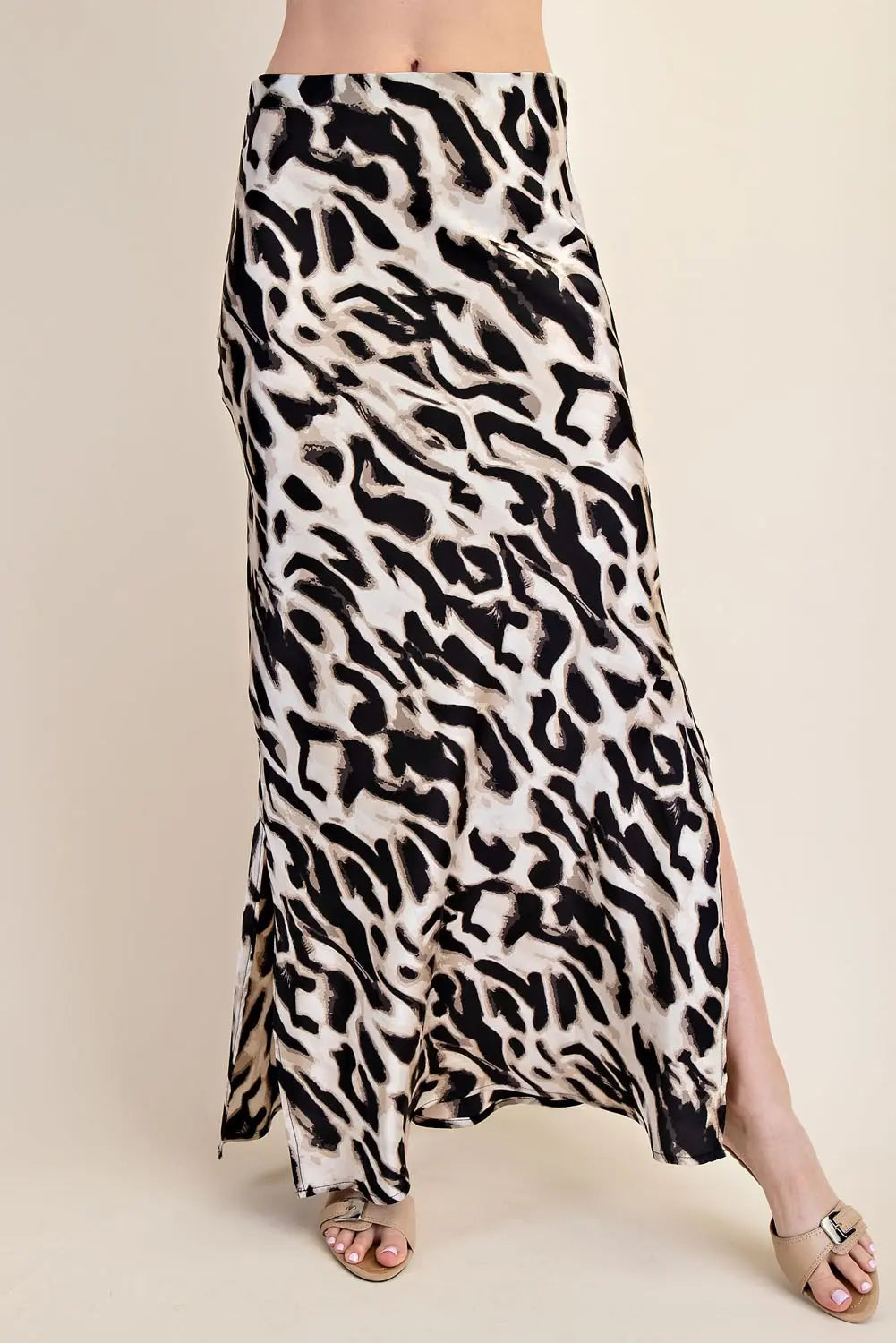 TAUPE ANIMAL PRINT SIDE-SLIT MAXI SKIRT