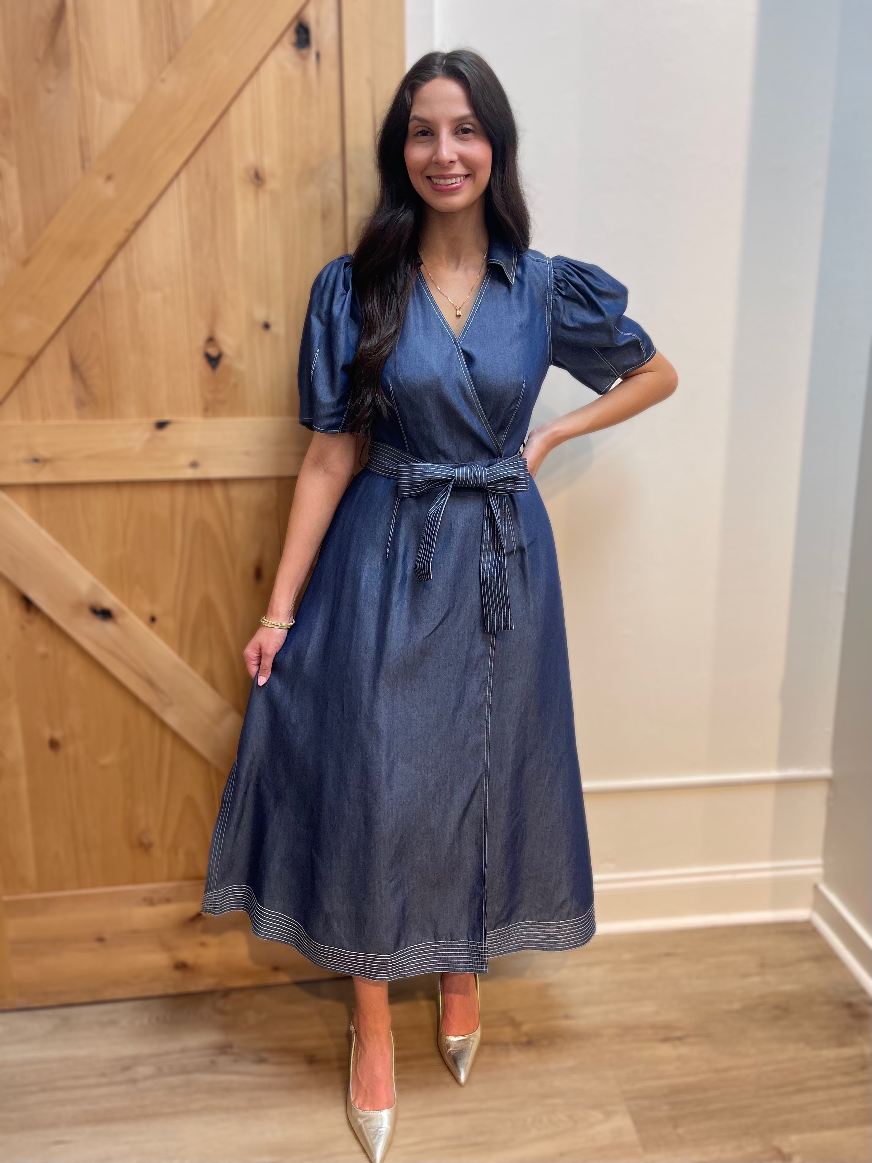 BLUE DENIM TRUE WRAP ROSANNA MIDI DRESS