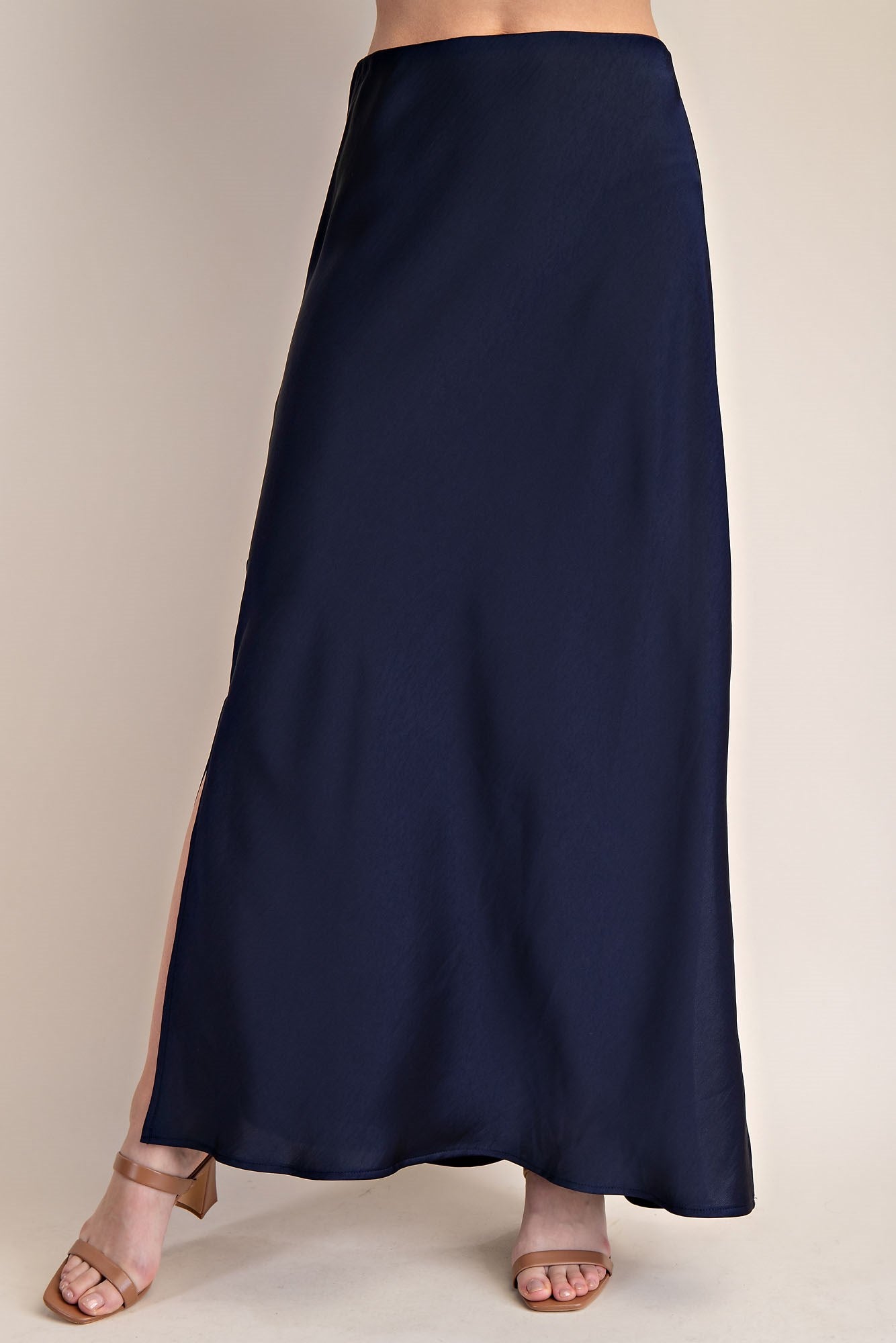 NAVY SATIN SIDE-SLIT MIDI SKIRT