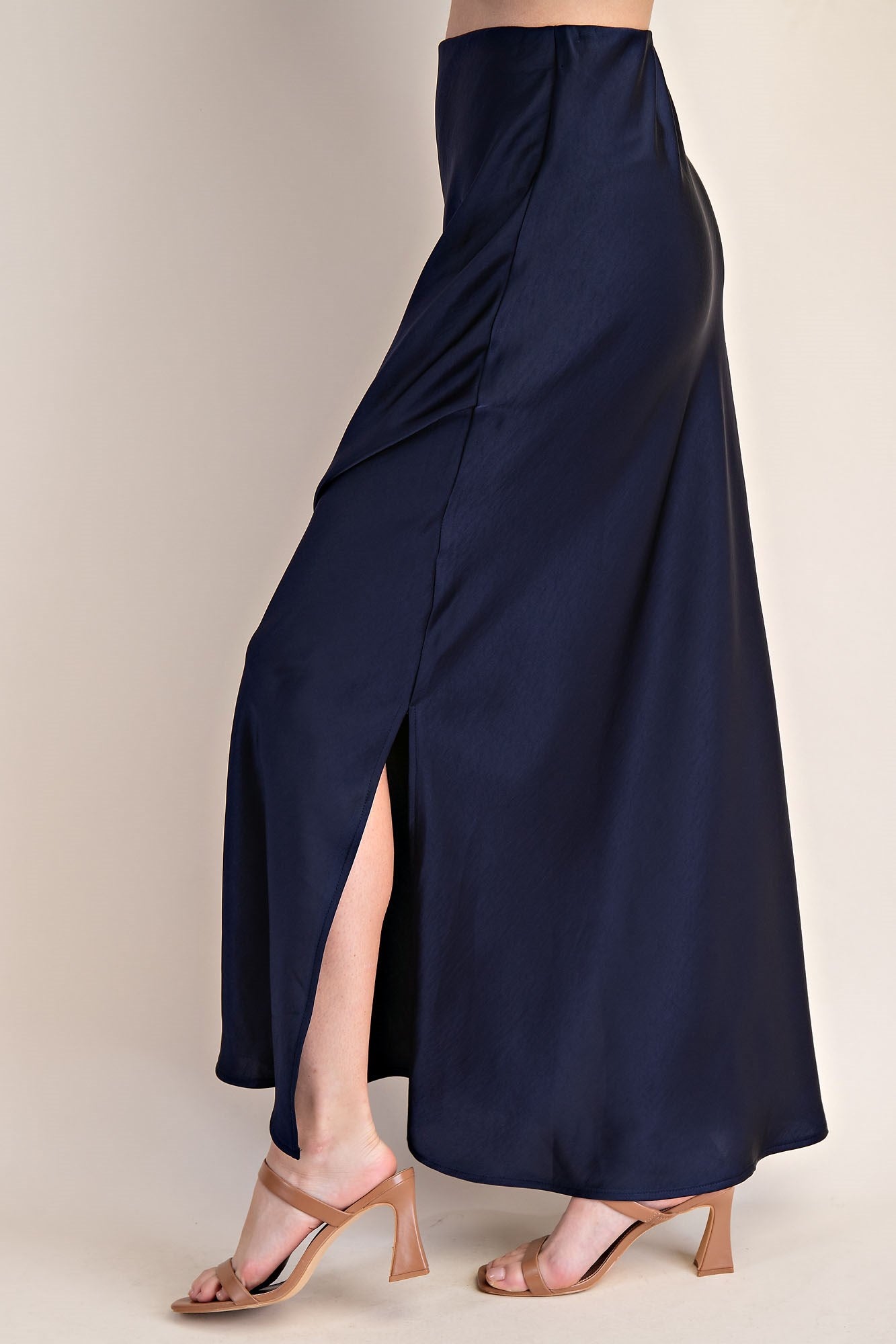 NAVY SATIN SIDE-SLIT MIDI SKIRT