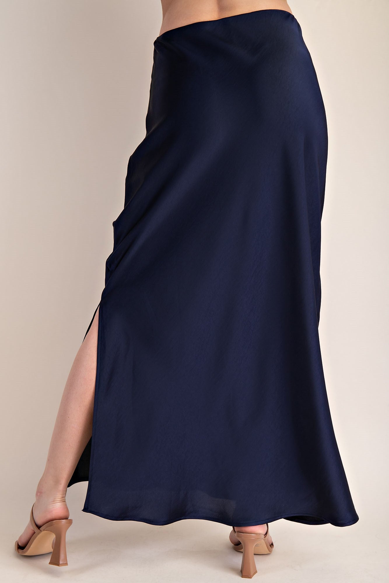 NAVY SATIN SIDE-SLIT MIDI SKIRT