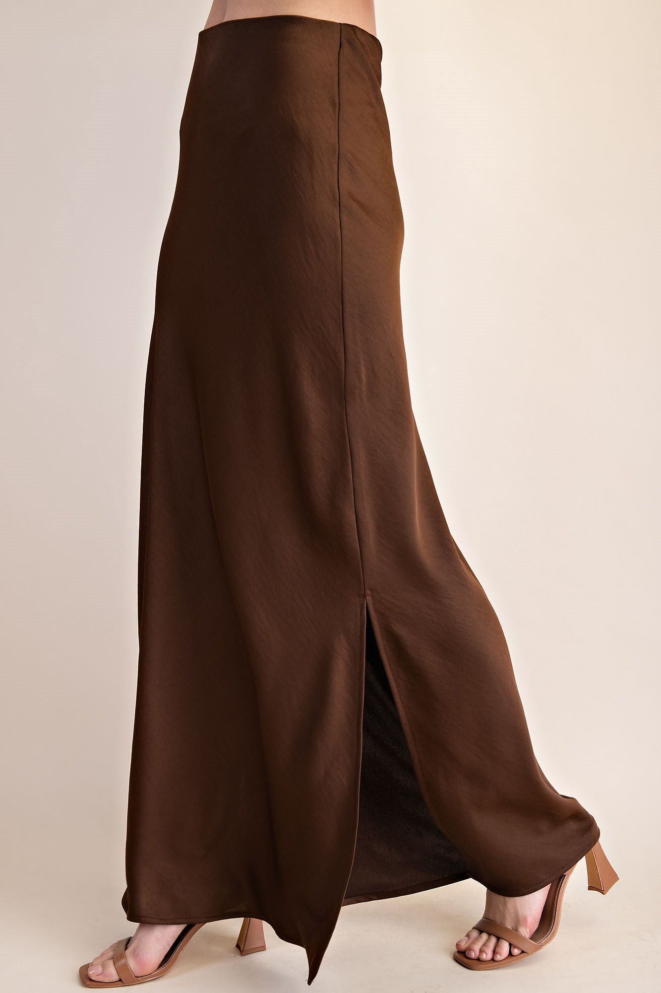 BROWN SATIN SIDE-SLIT MIDI SKIRT