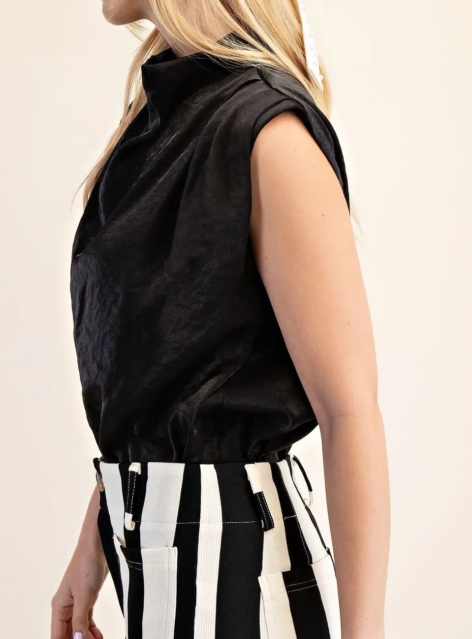 BLACK COWL NECK PLEATED SLEEVELESS TOP