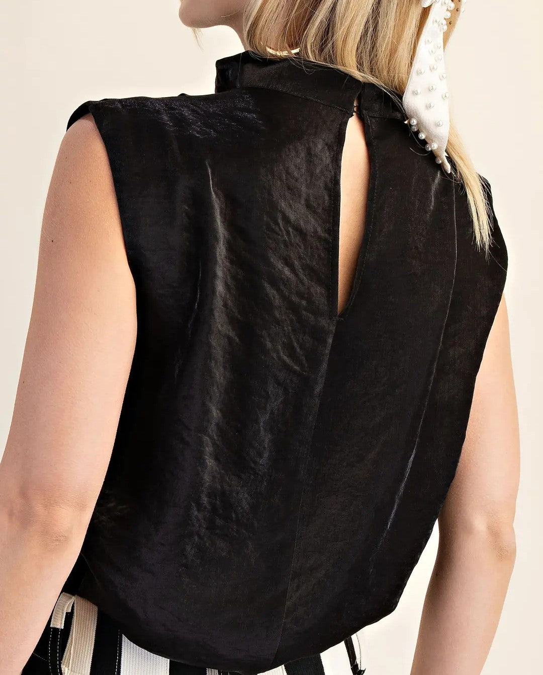 BLACK COWL NECK PLEATED SLEEVELESS TOP