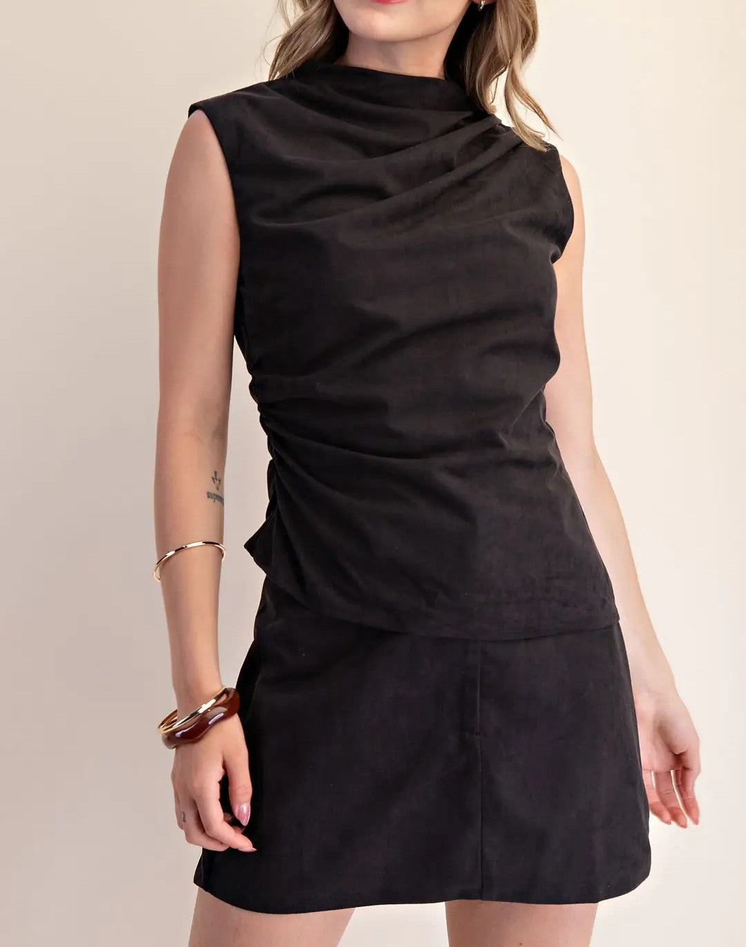 BLACK SUEDE MOCK NECK SLEEVELESS TOP