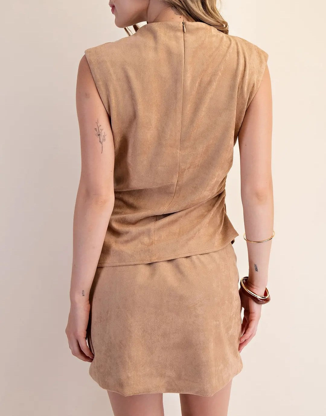 BEIGE SUEDE MOCK NECK SLEEVELESS TOP