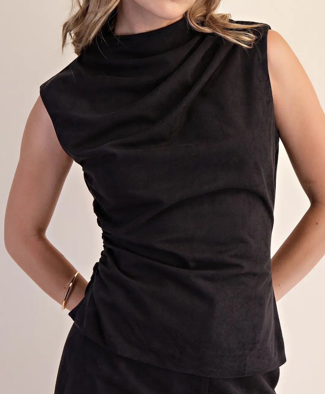 BLACK SUEDE MOCK NECK SLEEVELESS TOP