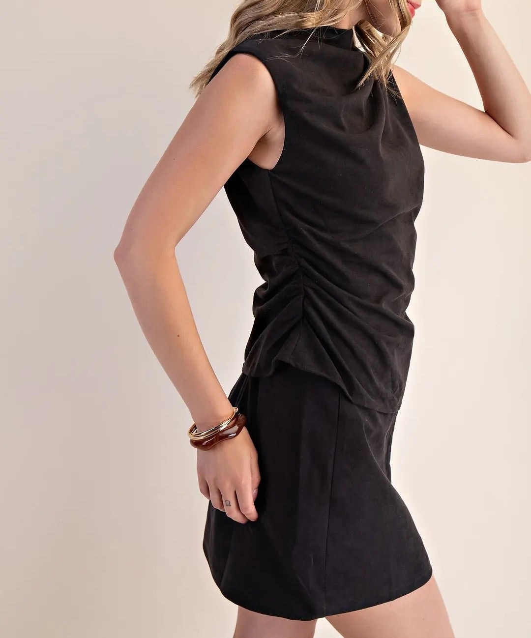 BLACK SUEDE MOCK NECK SLEEVELESS TOP