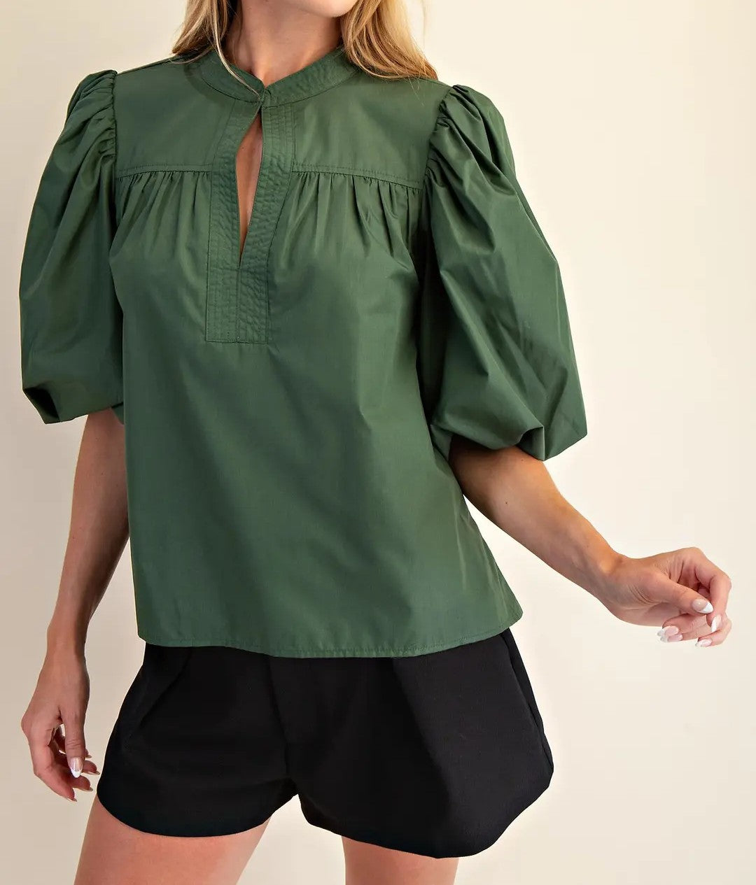 OLIVE MANDARIAN COLLAR VNECK BUBBLE SLEEVE POPLIN TOP