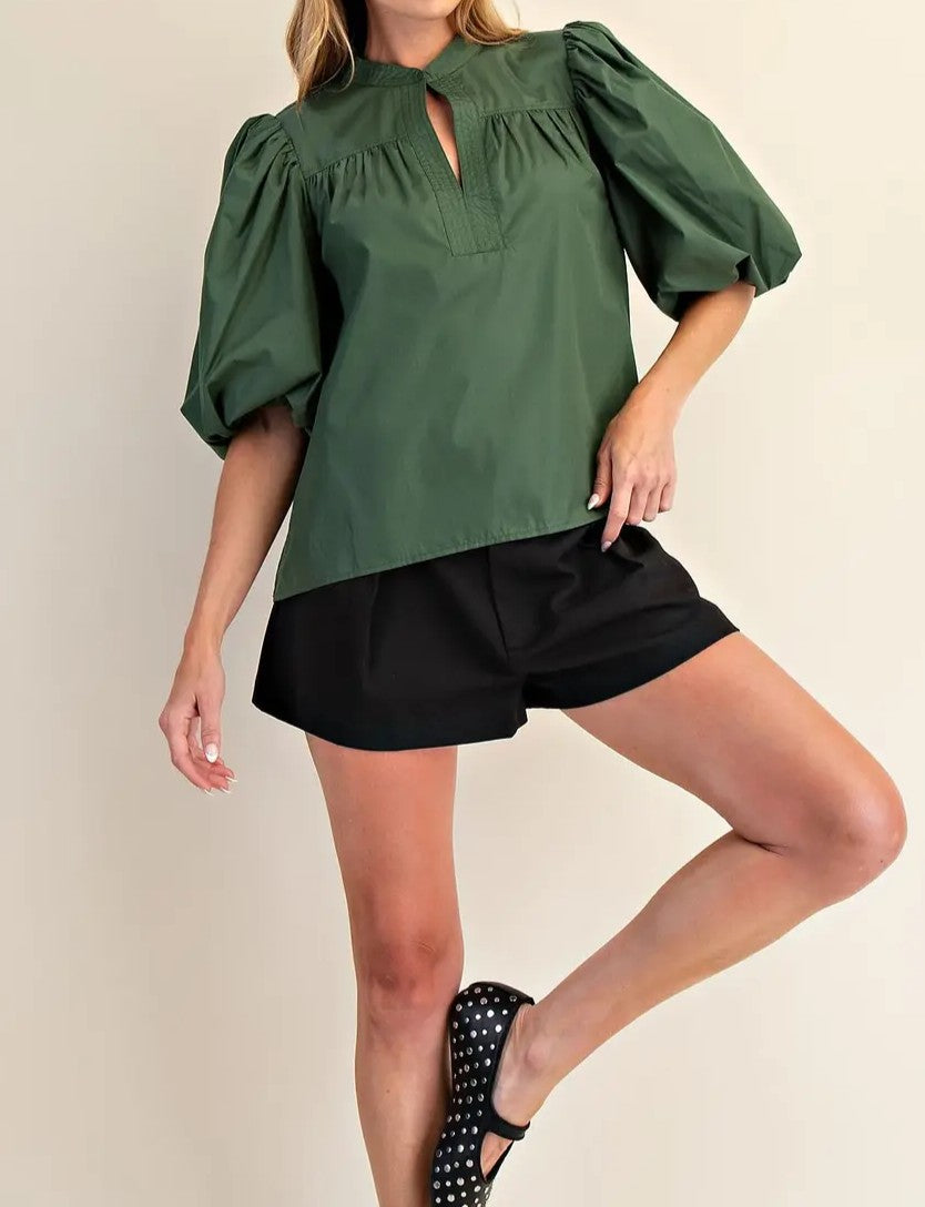 OLIVE MANDARIAN COLLAR VNECK BUBBLE SLEEVE POPLIN TOP