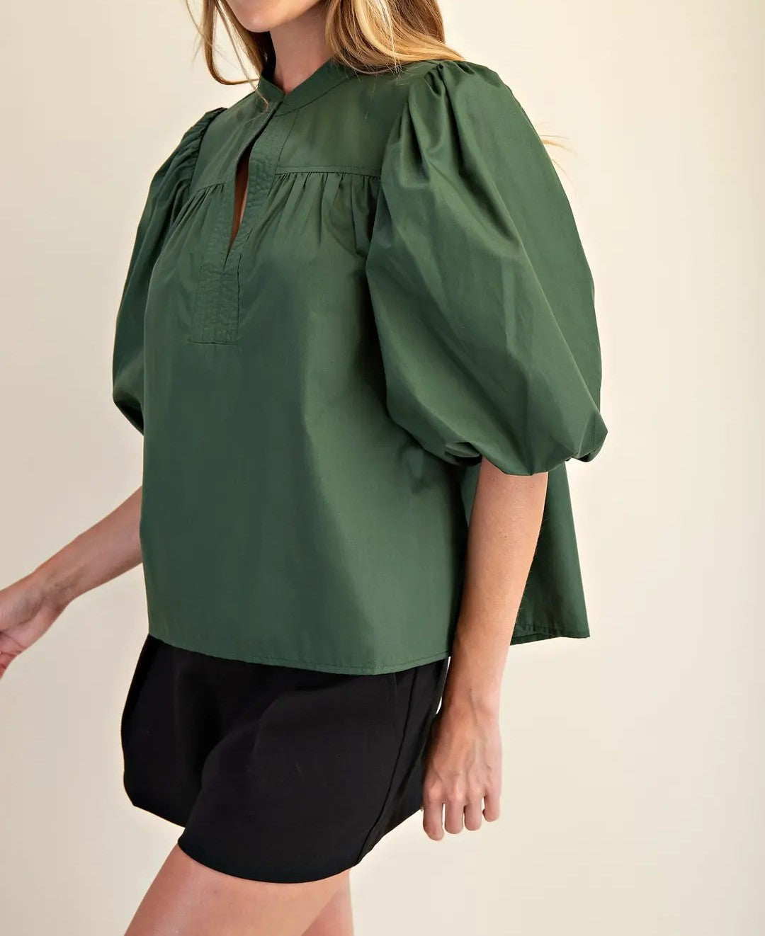 OLIVE MANDARIAN COLLAR VNECK BUBBLE SLEEVE POPLIN TOP