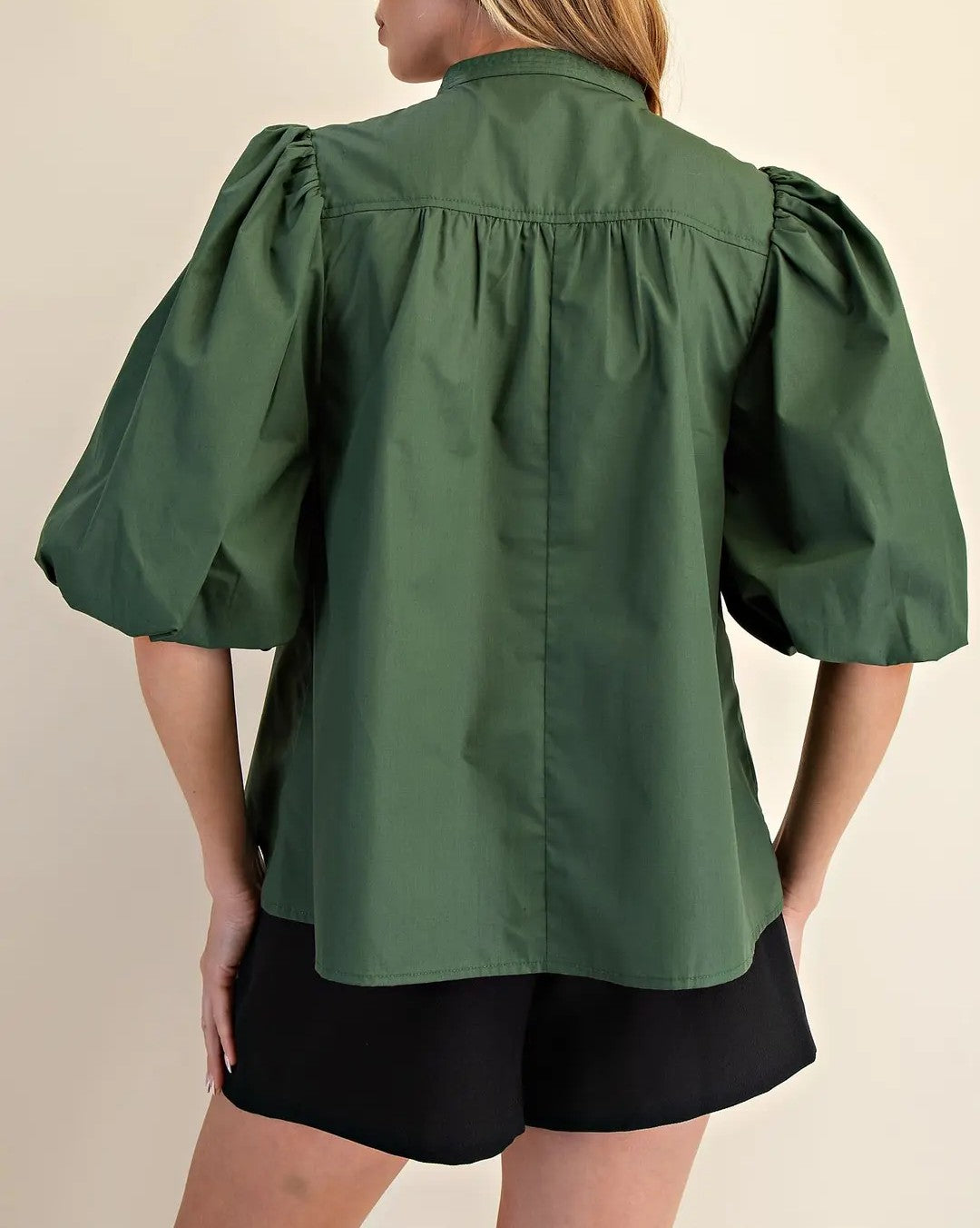OLIVE MANDARIAN COLLAR VNECK BUBBLE SLEEVE POPLIN TOP