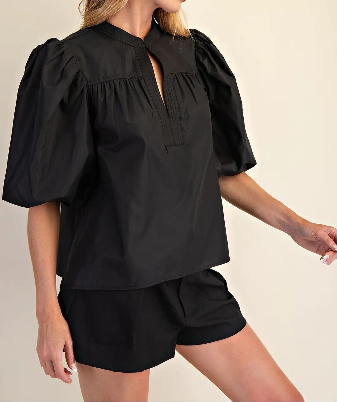 BLACK MANDARIAN COLLAR VNECK BUBBLE SLEEVE POPLIN TOP