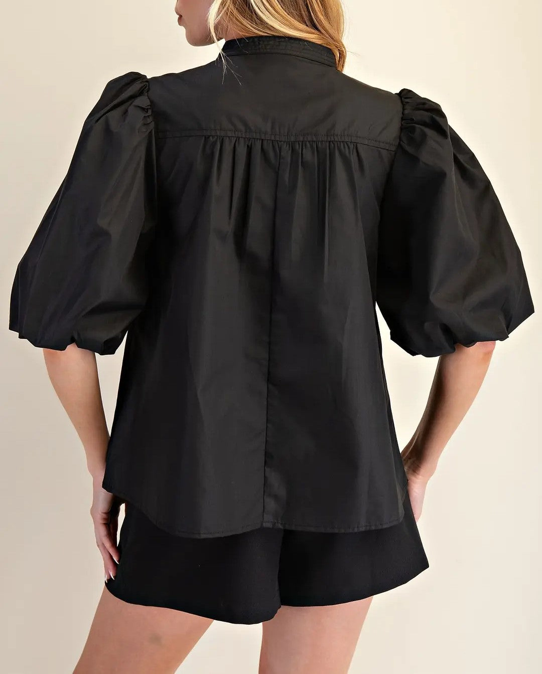BLACK MANDARIAN COLLAR VNECK BUBBLE SLEEVE POPLIN TOP