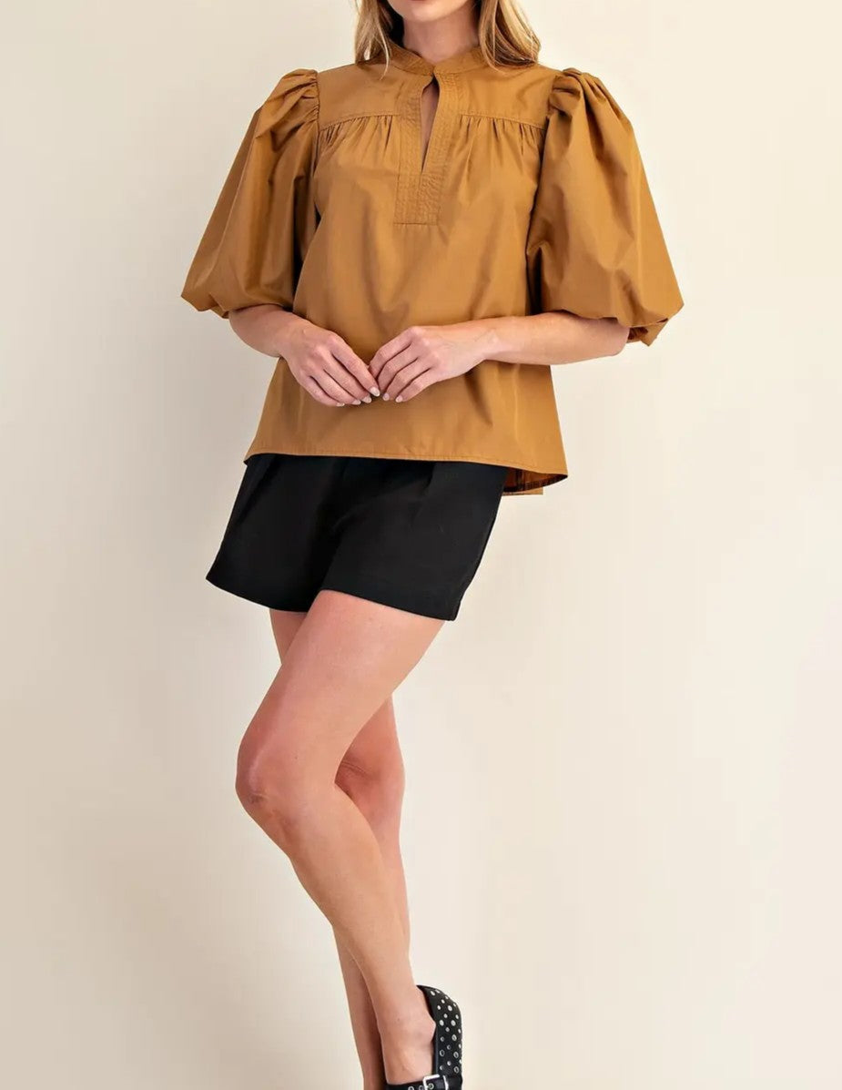 CAMEL MANDARIAN COLLAR VNECK BUBBLE SLEEVE POPLIN TOP