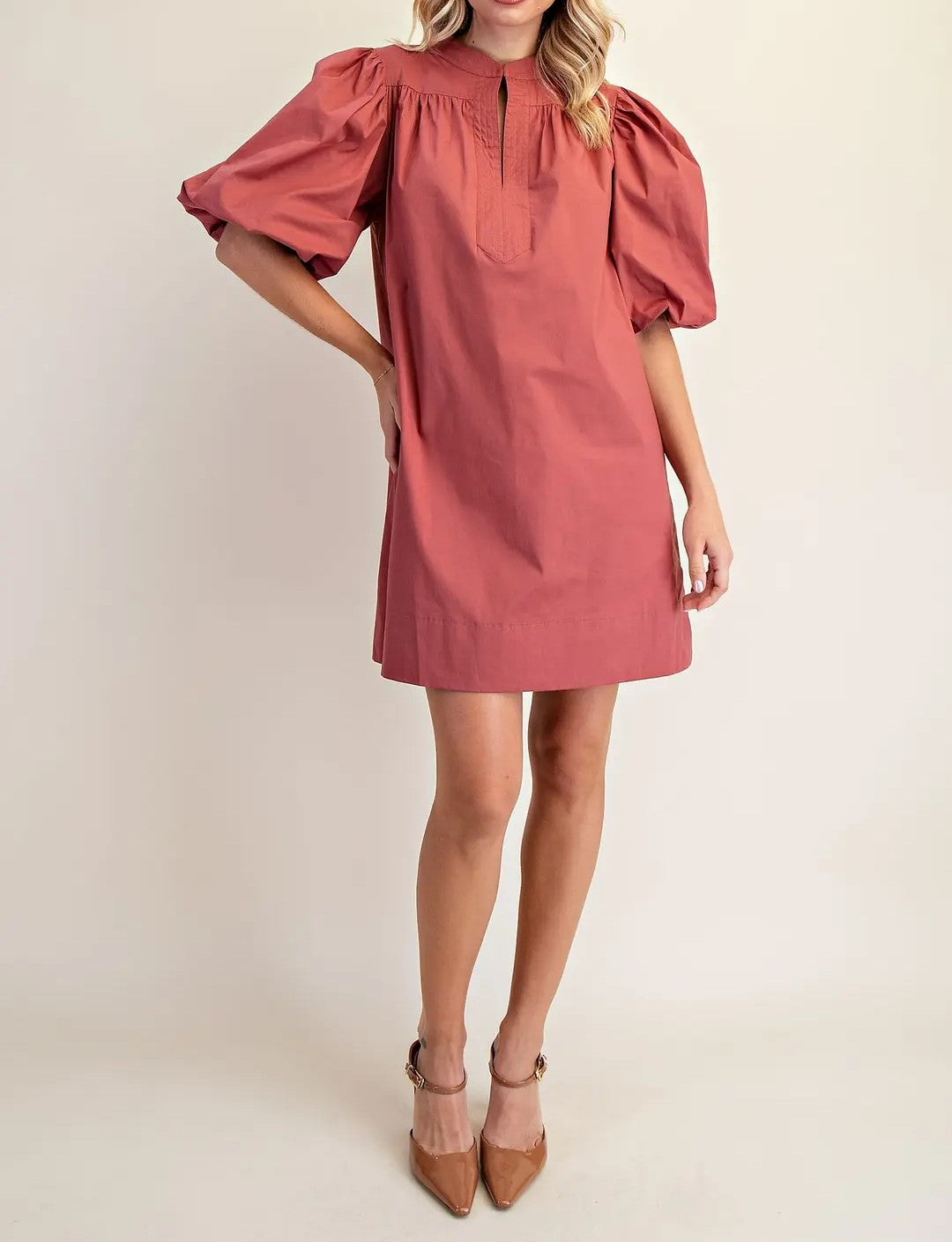 MASALA MANDARIN COLLAR VNECK BUBBLE SLEEVE MINI DRESS
