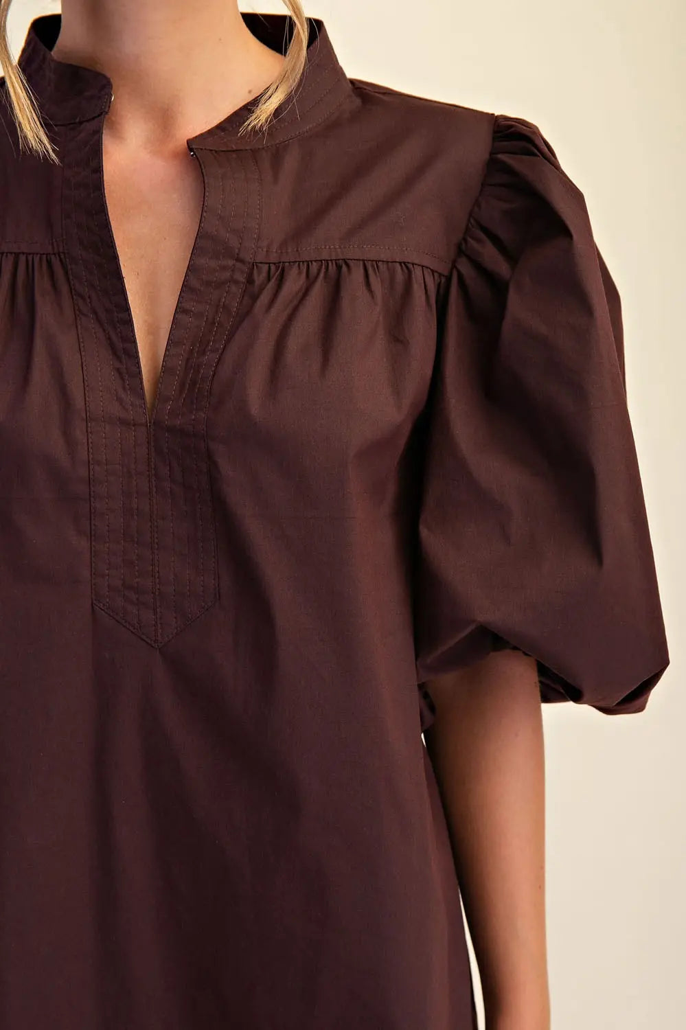 BROWN MANDARIN COLLAR VNECK BUBBLE SLEEVE MINI DRESS