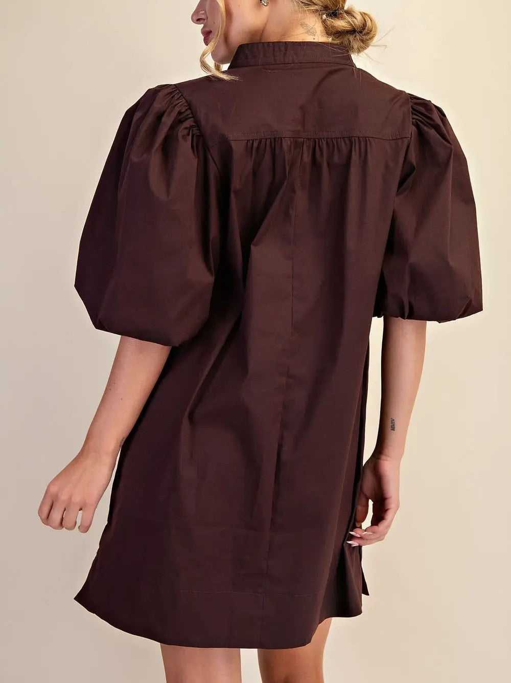 BROWN MANDARIN COLLAR VNECK BUBBLE SLEEVE MINI DRESS