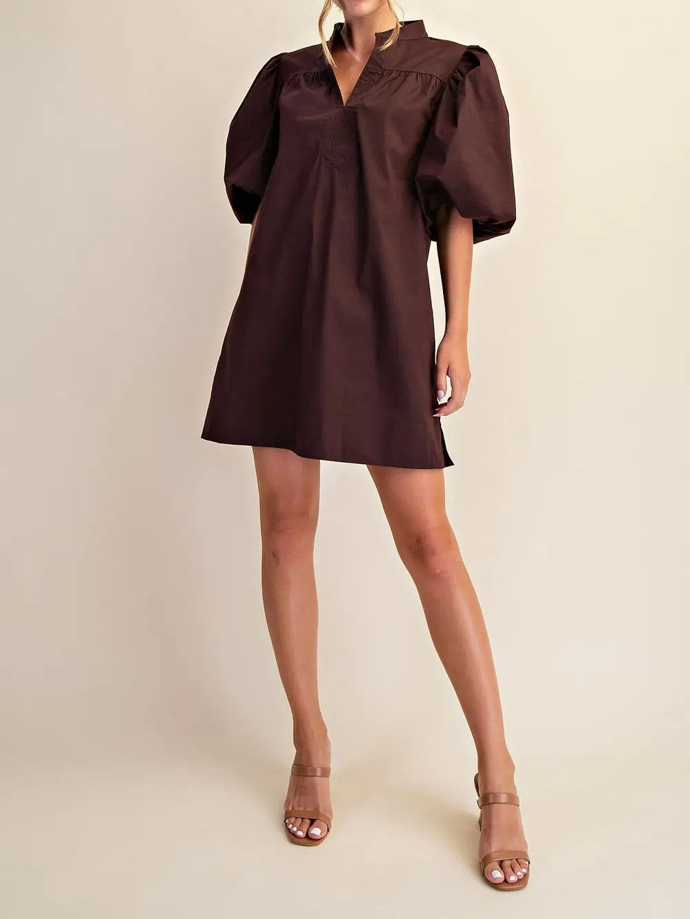 BROWN MANDARIN COLLAR VNECK BUBBLE SLEEVE MINI DRESS