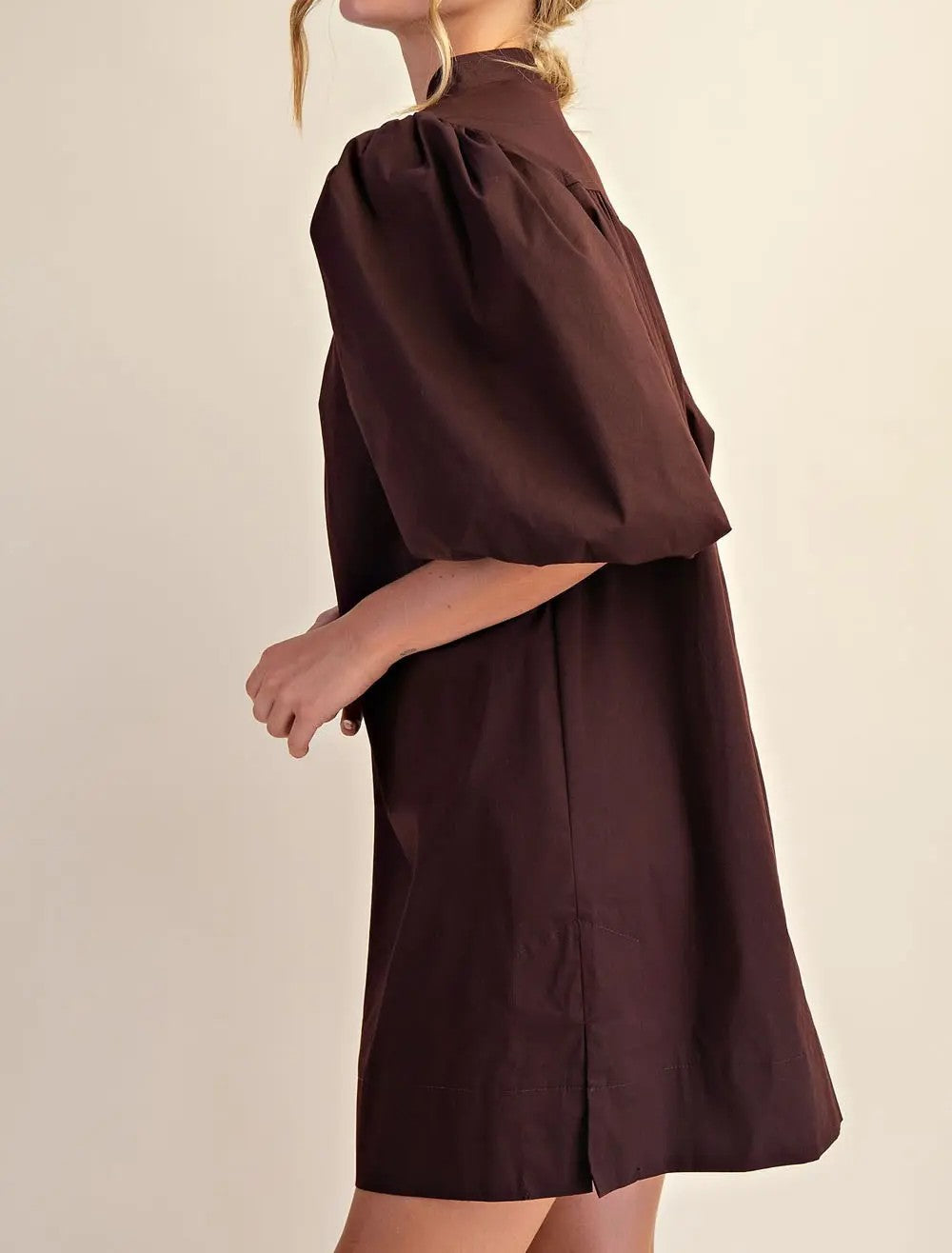 BROWN MANDARIN COLLAR VNECK BUBBLE SLEEVE MINI DRESS