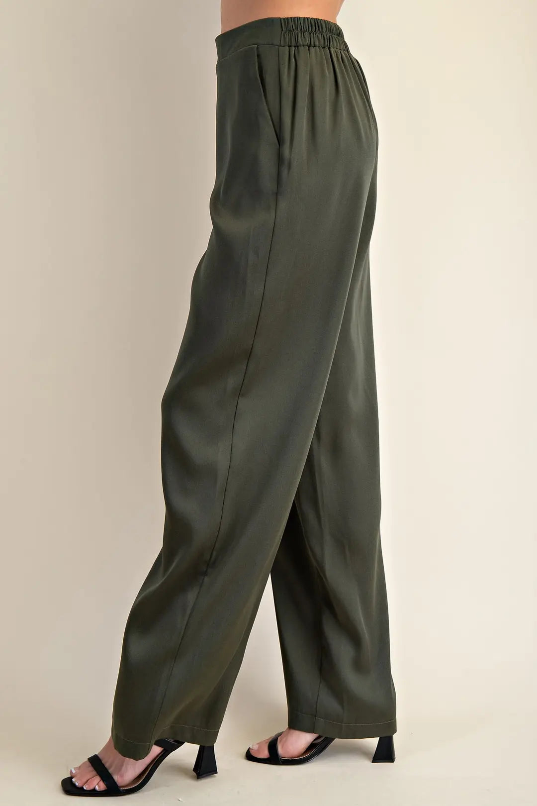 OLIVE HIGH-WAISTED WIDE LEG SATIN PANTS