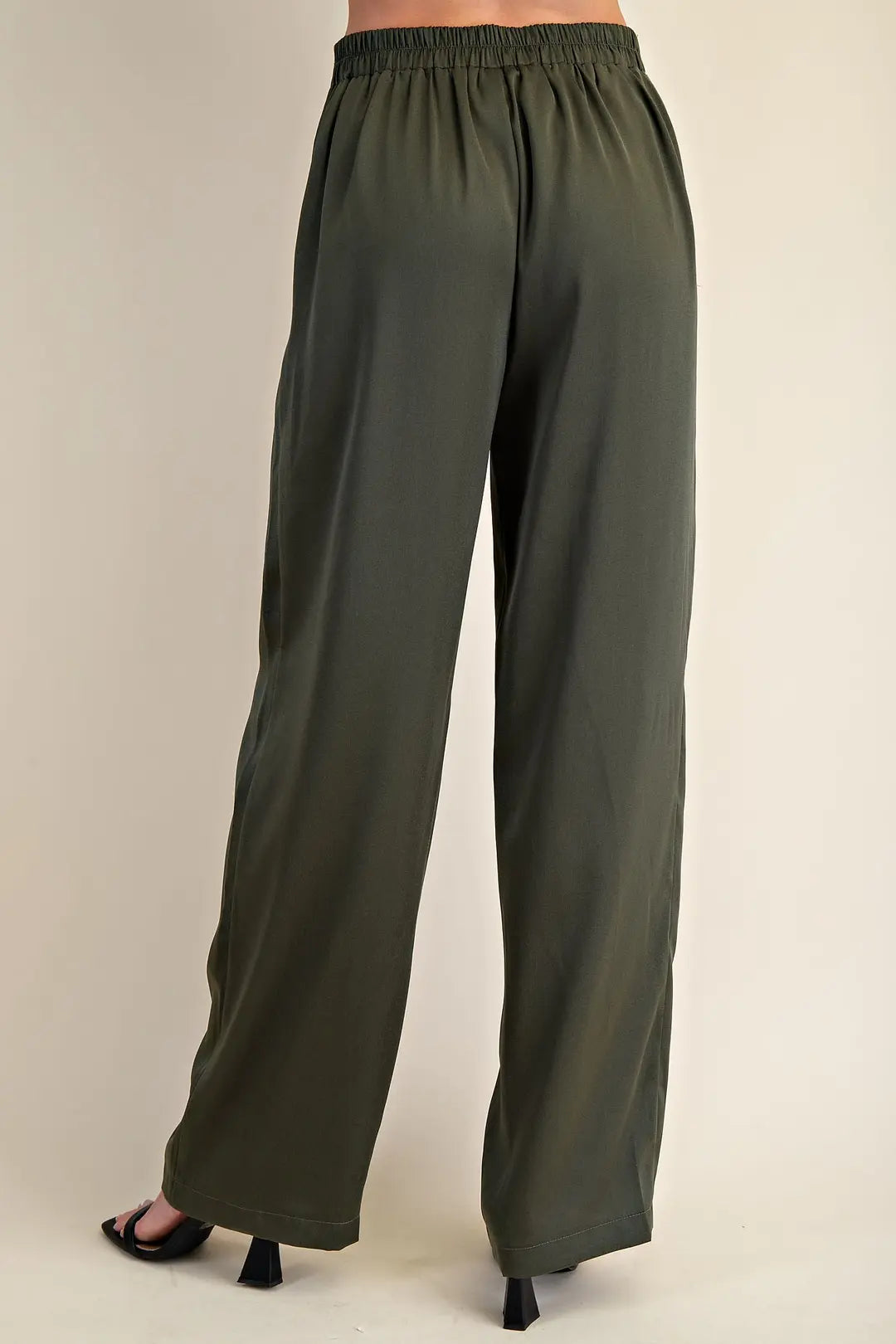 OLIVE HIGH-WAISTED WIDE LEG SATIN PANTS