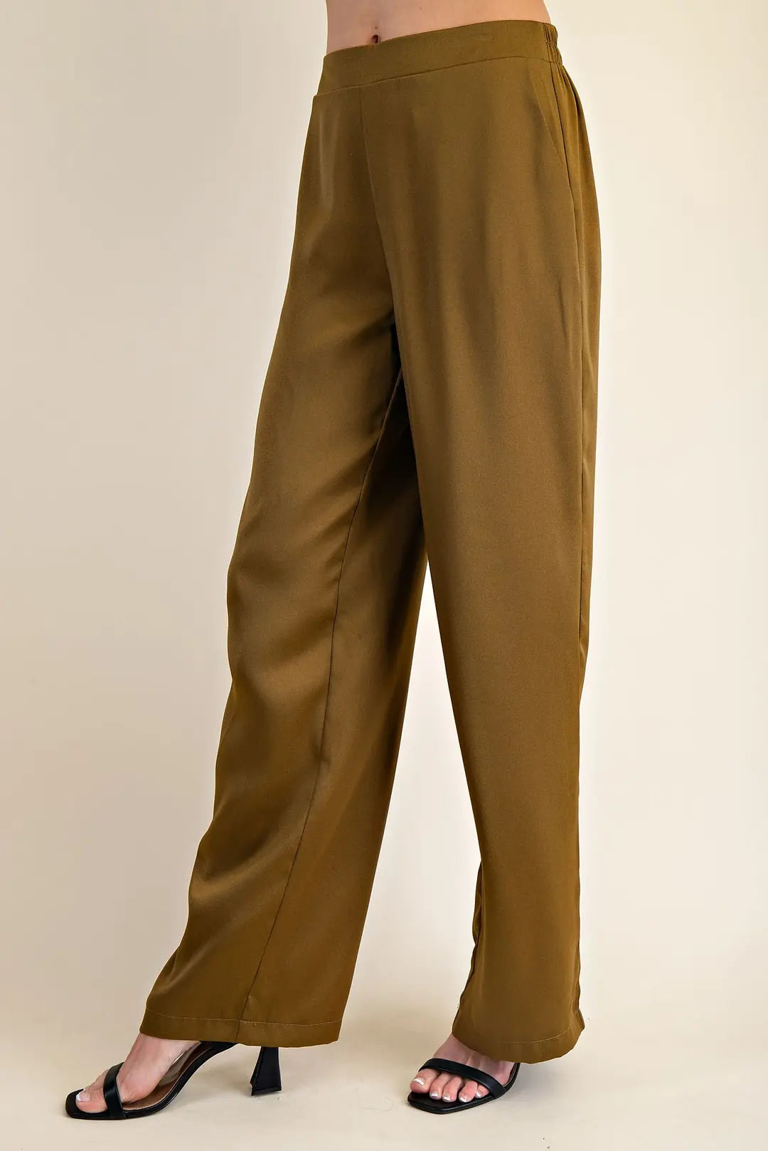 GOLDEN OLIVE HIGH-WAISTED WIDE LEG SATIN PANTS