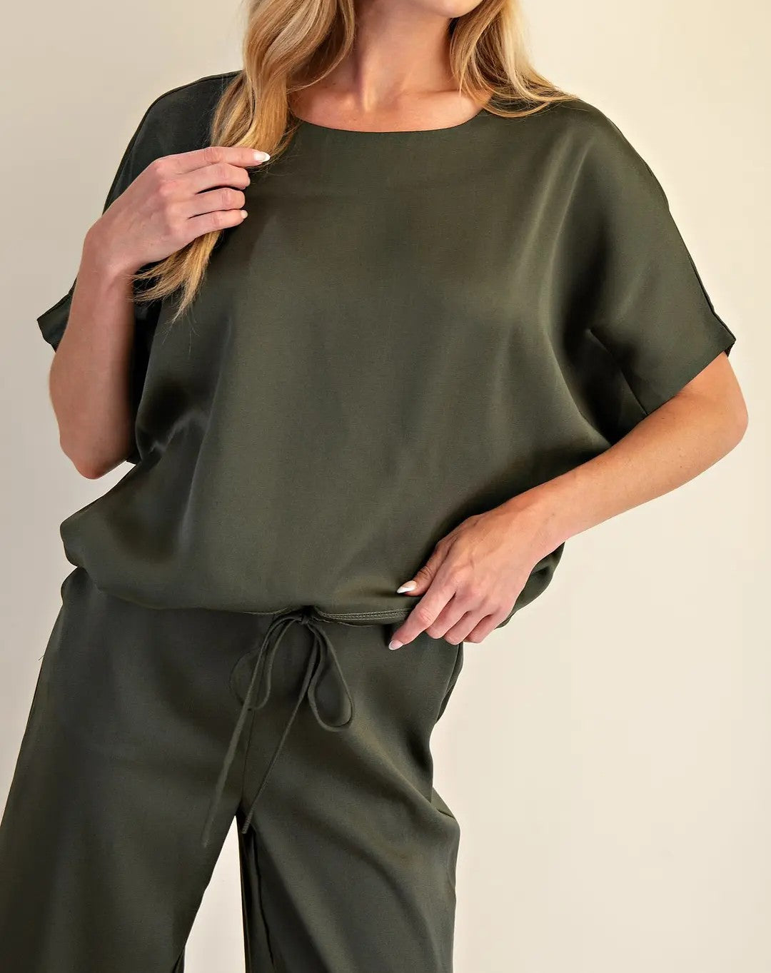 OLIVE SATIN DOLMAN SLEEVE TOP