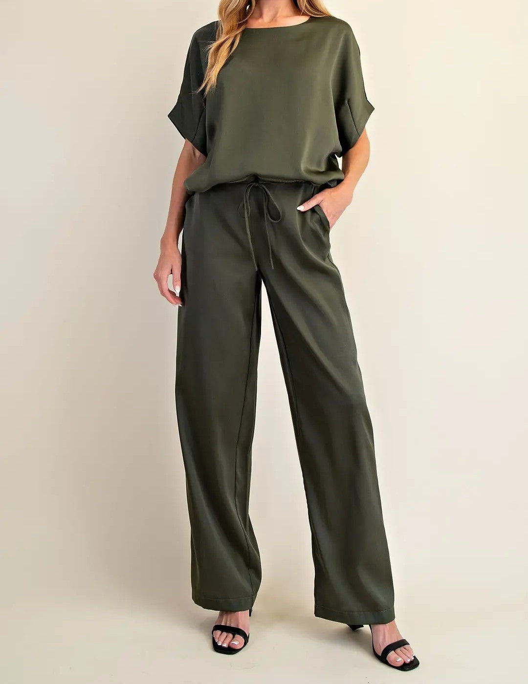 OLIVE SATIN DOLMAN SLEEVE TOP