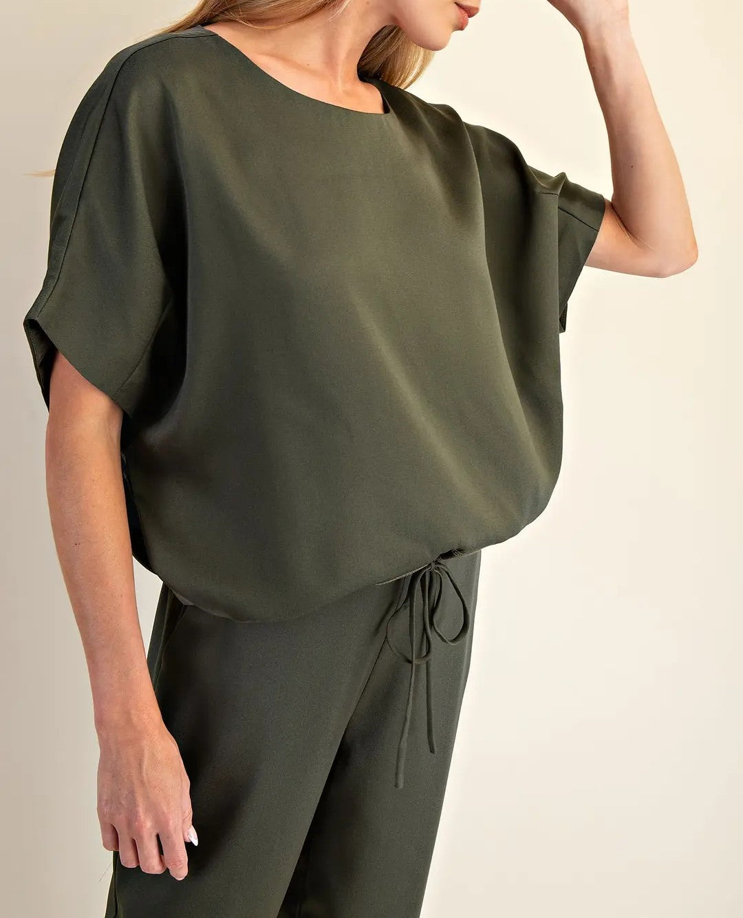 OLIVE SATIN DOLMAN SLEEVE TOP