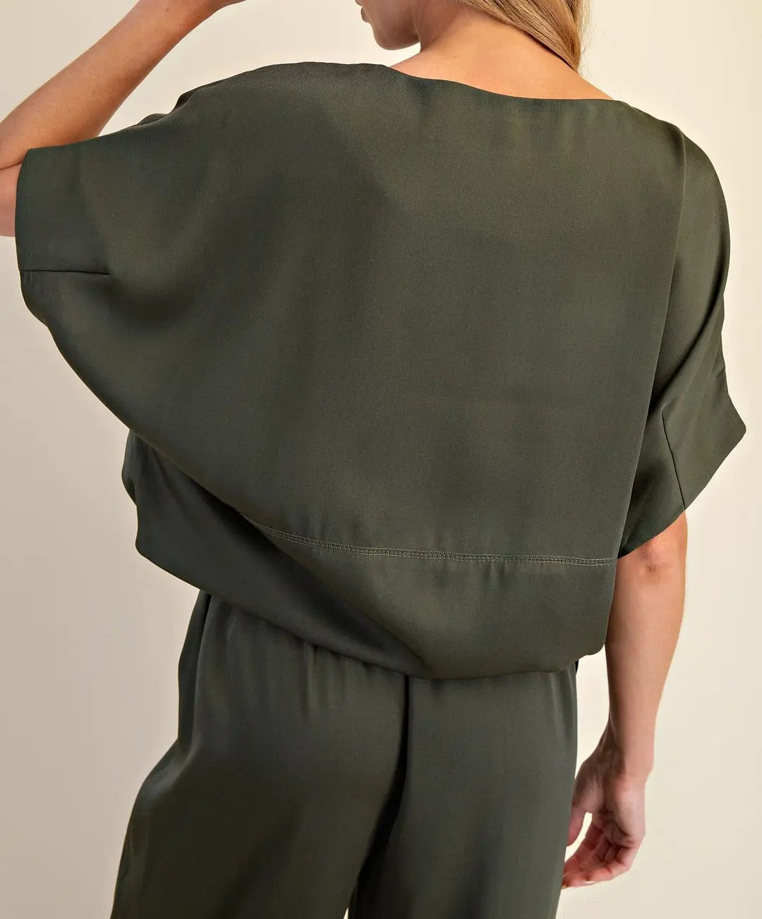 OLIVE SATIN DOLMAN SLEEVE TOP