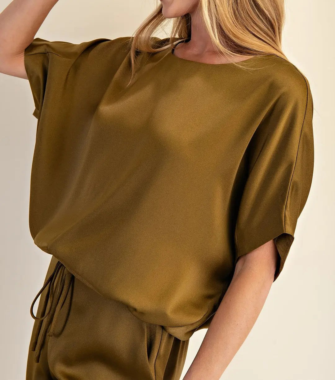 GOLDEN OLIVE SATIN DOLMAN SLEEVE TOP