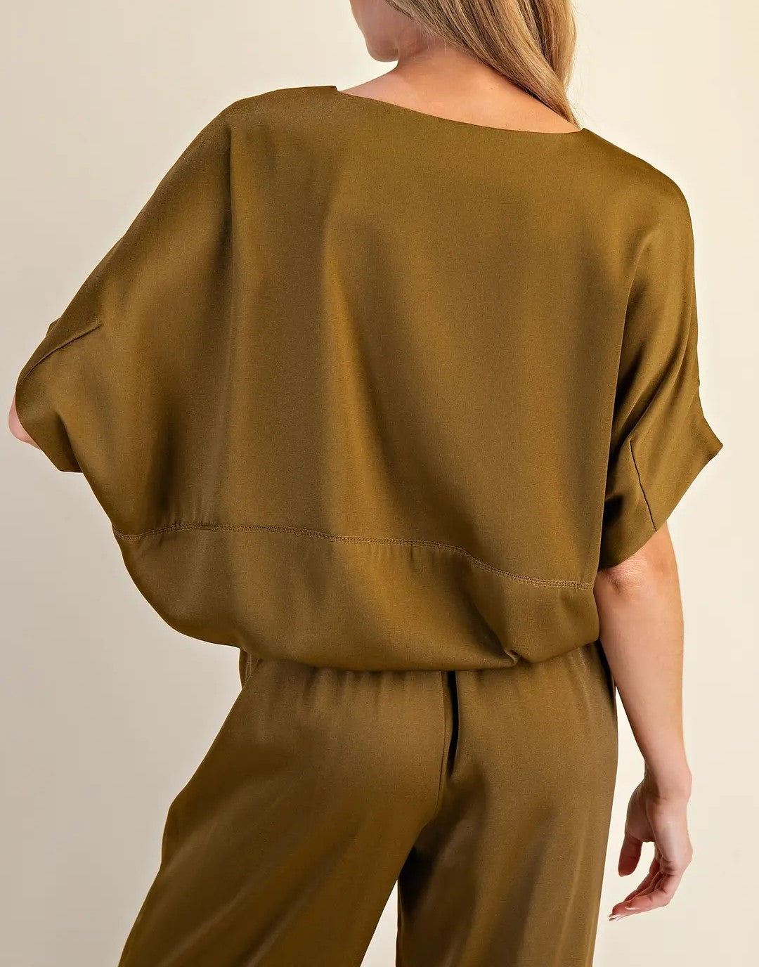 GOLDEN OLIVE SATIN DOLMAN SLEEVE TOP