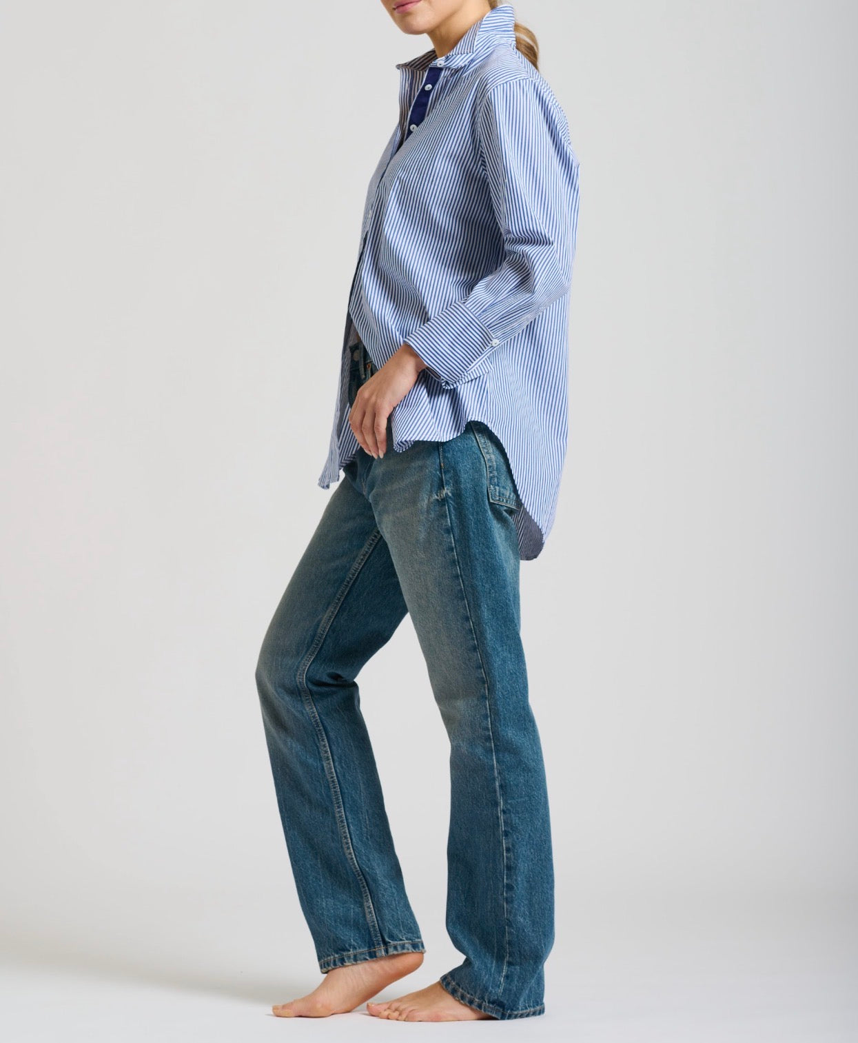 NAVY STRIPE ELODIE TRIM LONG SLEEVE BUTTON UP GIRLFRIEND RELAXED TOP
