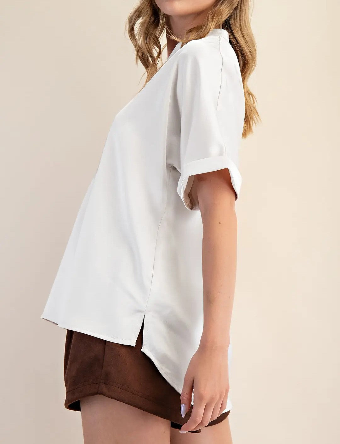 IVORY VNECK PLACKET CUFF SLEEVE BLOUSE