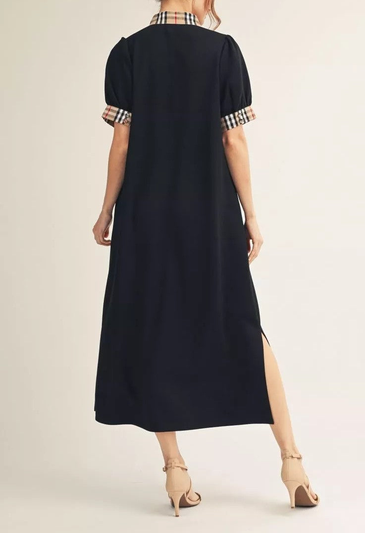 BLACK/PLAID CONTRAST DETAIL SHORT PUFF SLEEVE MIDI DRESS