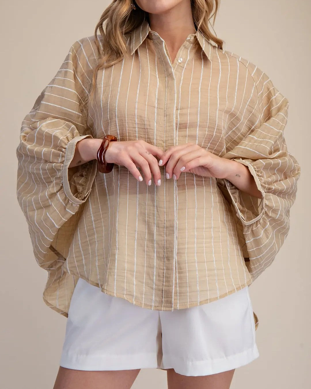 TAUPE STRIPE BUTTON UP BATWING SLEEVE TOP