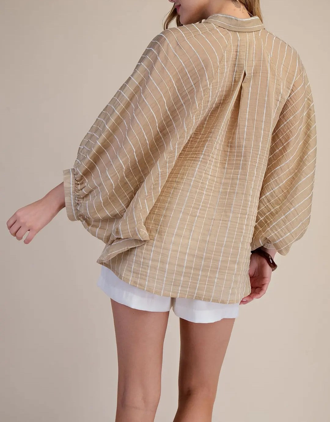 TAUPE STRIPE BUTTON UP BATWING SLEEVE TOP