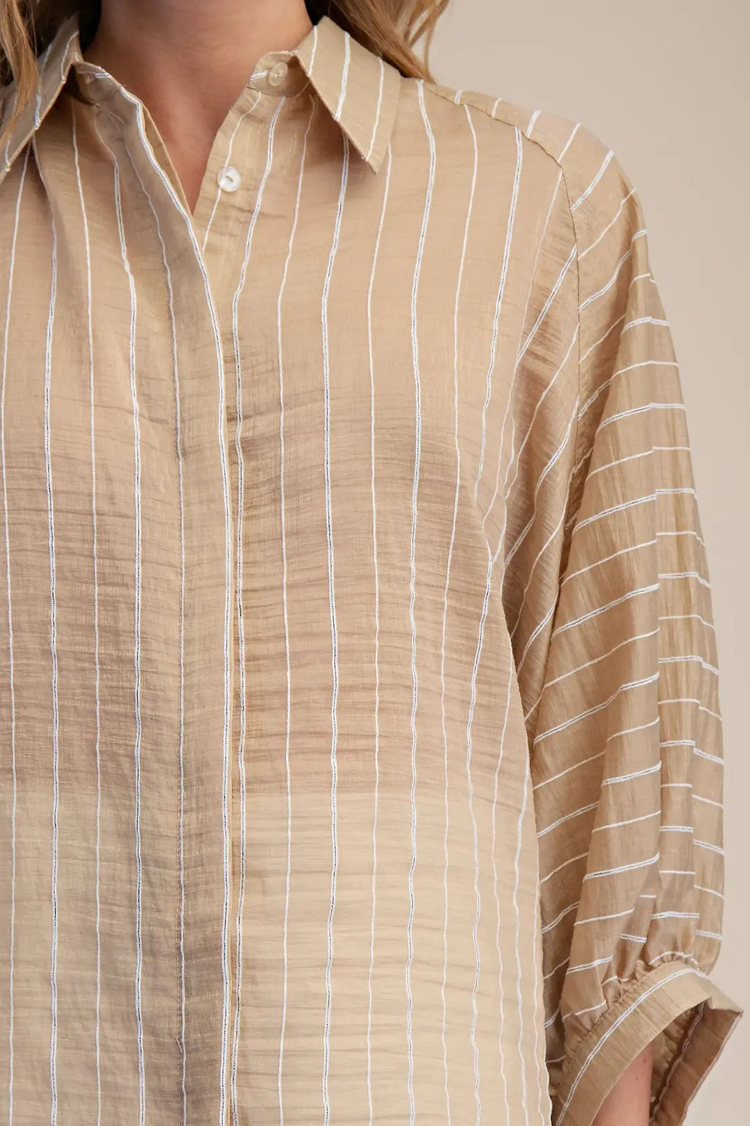 TAUPE STRIPE BUTTON UP BATWING SLEEVE TOP