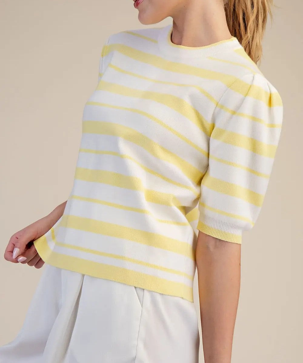 YELLOW & WHITE STRIPE SHORT PUFF SLEEVE SWEATER KNIT TOP