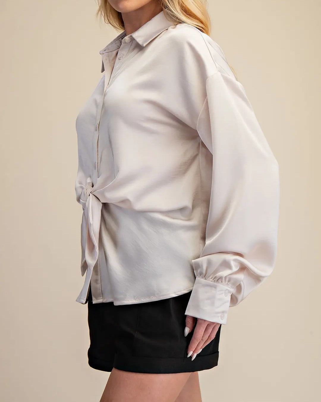 IVORY FRONT TIE DETAIL LONG SLEEVE SATIN BUTTON UP TOP